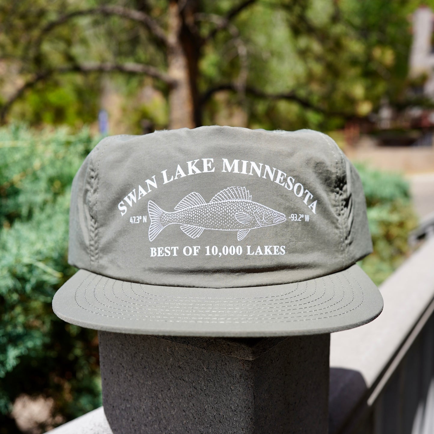 Green nylon surf hat with 'Swan Lake Minnesota' walleye fish best of 10,000 lakes