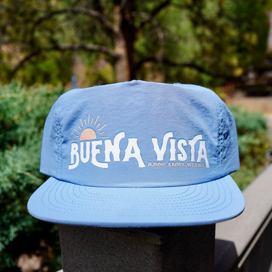Blue nylon surf hat with Buena Vista Colorado 8,000 feet above average