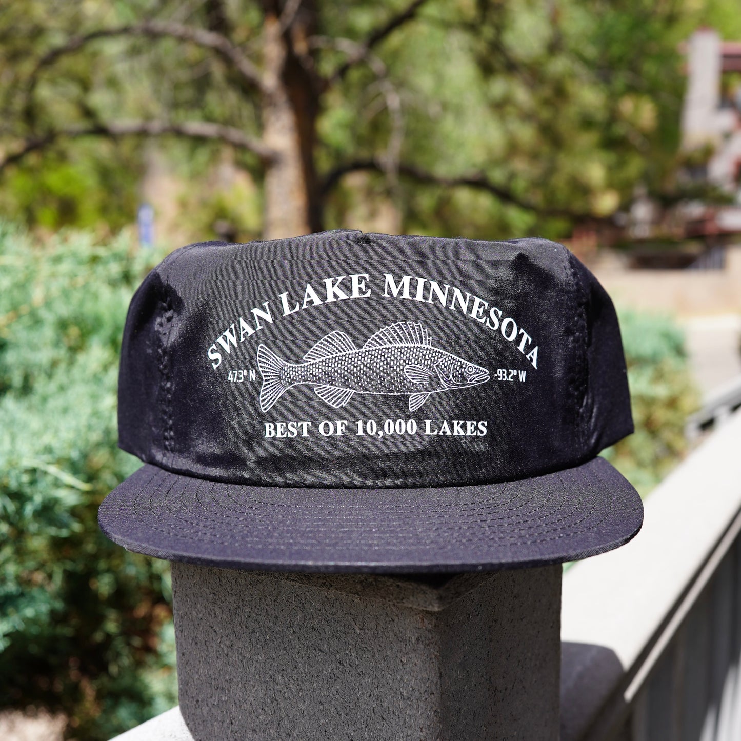 Black nylon surf hat with 'Swan Lake Minnesota' walleye fish best of 10,000 lakes