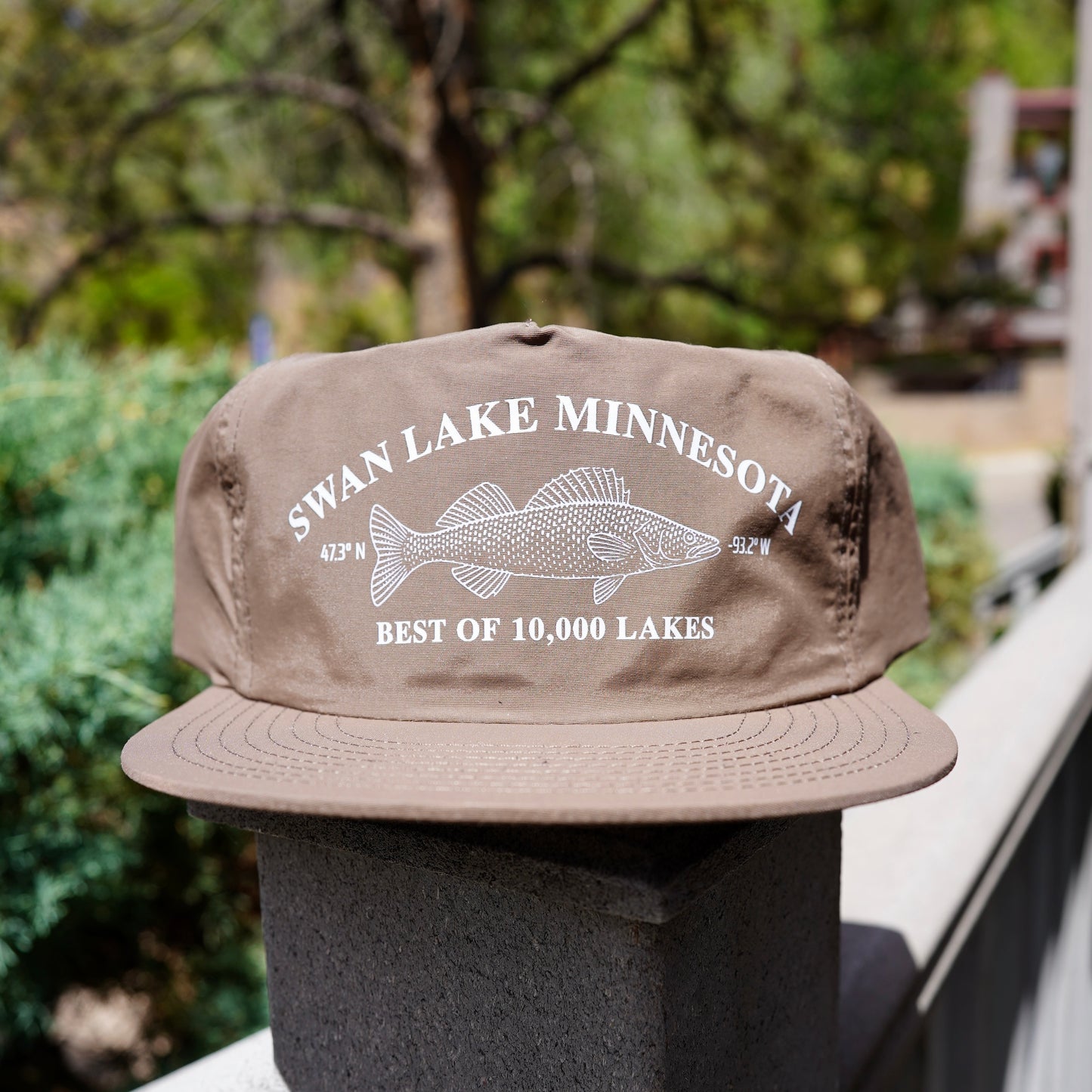 Brown nylon surf hat with 'Swan Lake Minnesota' walleye fish best of 10,000 lakes
