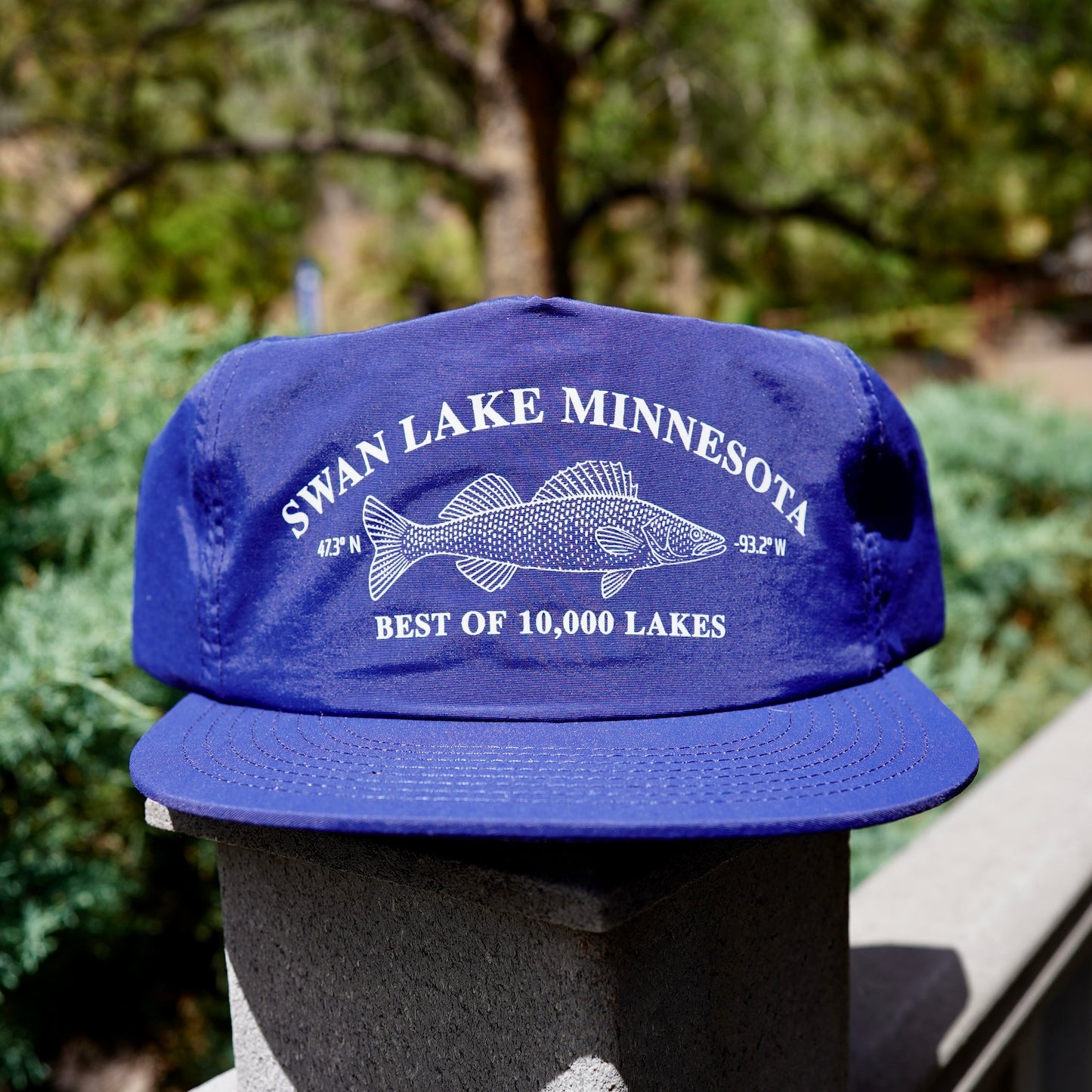 Blue nylon surf hat with 'Swan Lake Minnesota' walleye fish best of 10,000 lakes