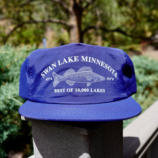 Blue nylon surf hat with 'Swan Lake Minnesota' walleye fish best of 10,000 lakes