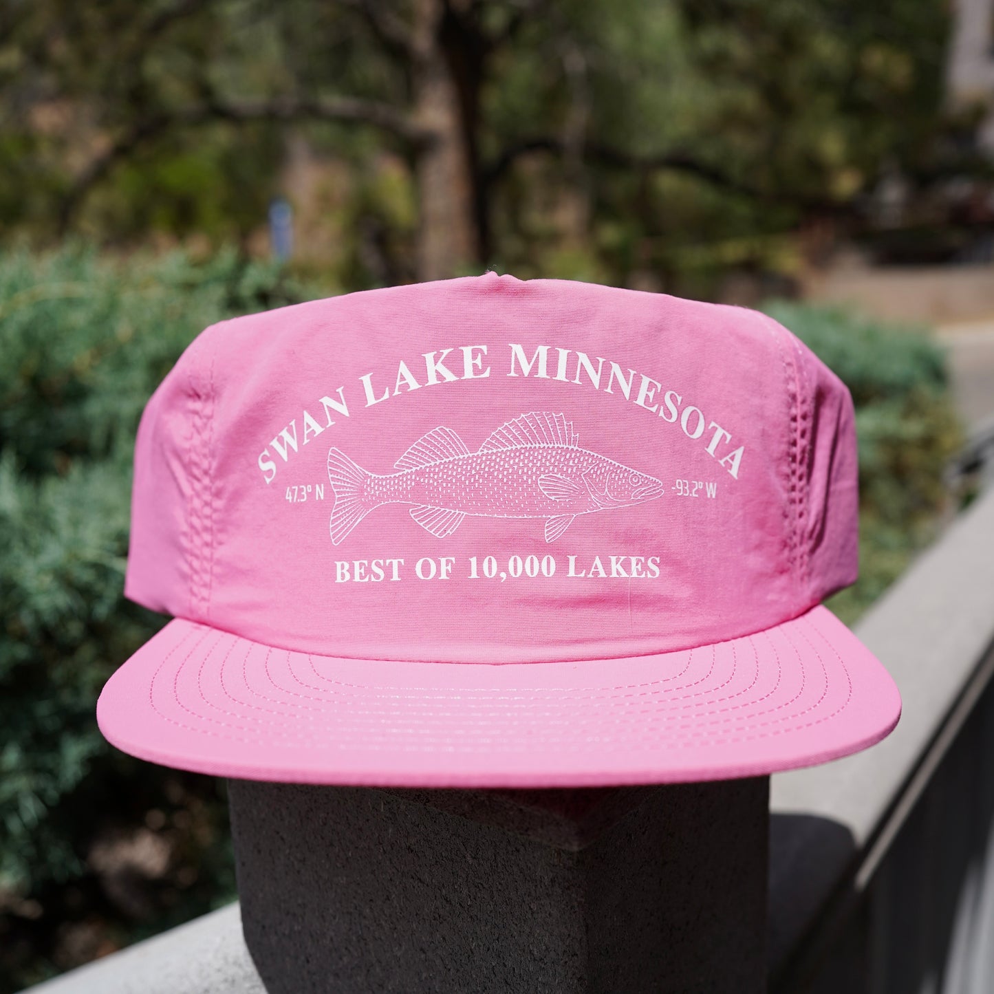 Pink nylon surf hat with 'Swan Lake Minnesota' walleye fish best of 10,000 lakes